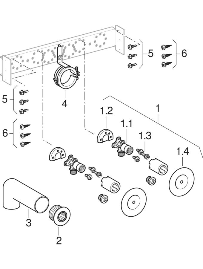 Geberit Duofix crossbars for deck-mounted tap, surface-mounted tap with concealed trap patlamış parça şeması