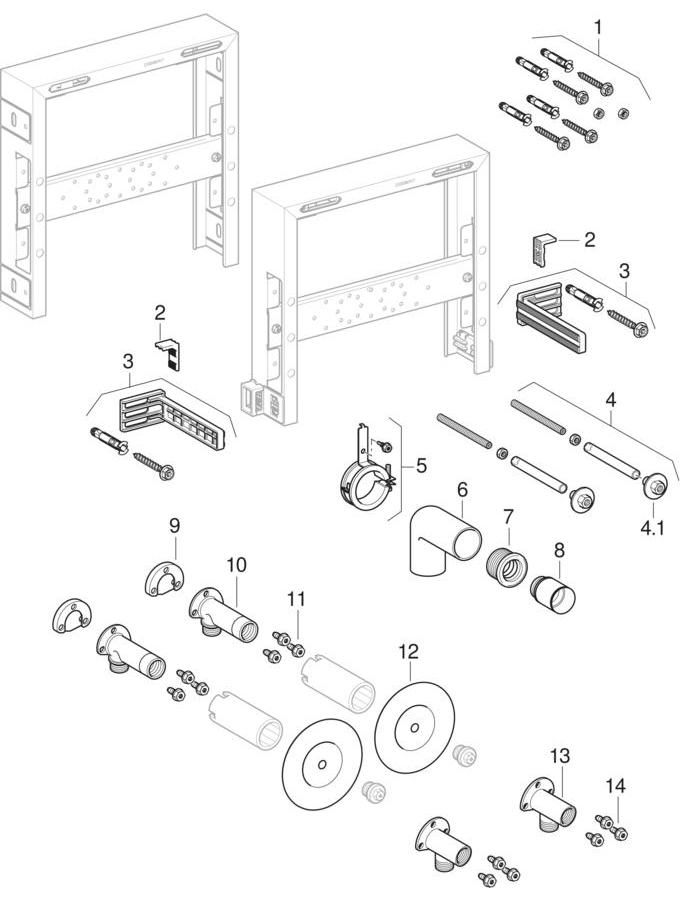 Geberit Kombifix elements for washbasin, deck-mounted tap, adjustable in depth patlamış parça şeması