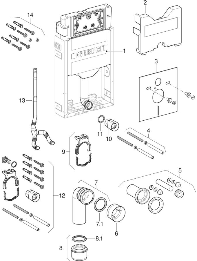 Geberit Kombifix elements for wall-hung WC, with Sigma concealed cistern 12 cm (UP320) patlamış parça şeması