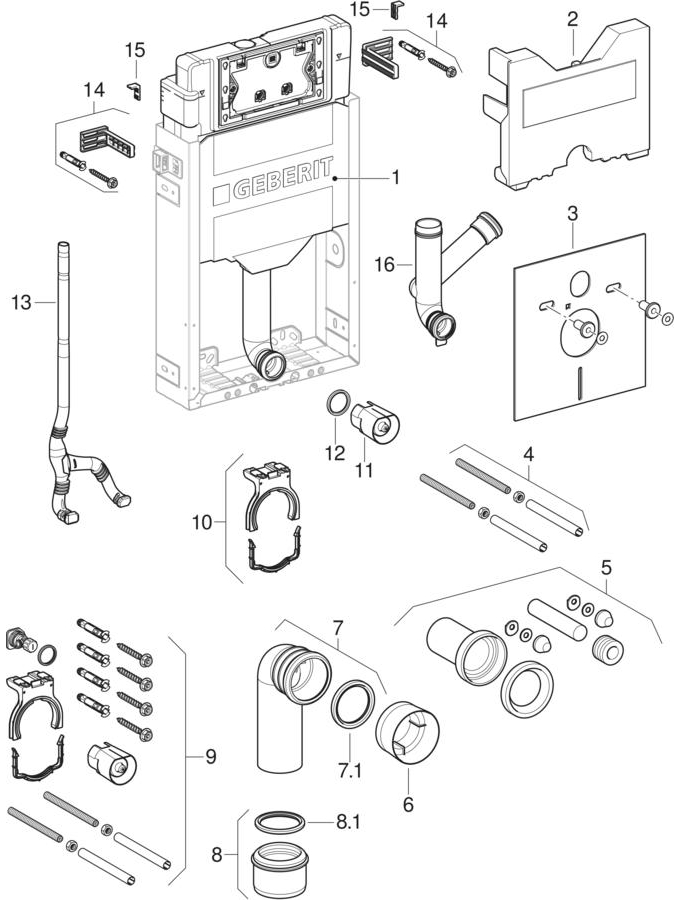 Geberit Kombifix elements for wall-hung WC, with Sigma concealed cistern 12 cm, adjustable in depth (UP320) patlamış parça şeması