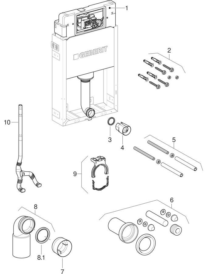 Geberit Kombifix elements for wall-hung WC, with Delta concealed cistern 12 cm (UP100) patlamış parça şeması