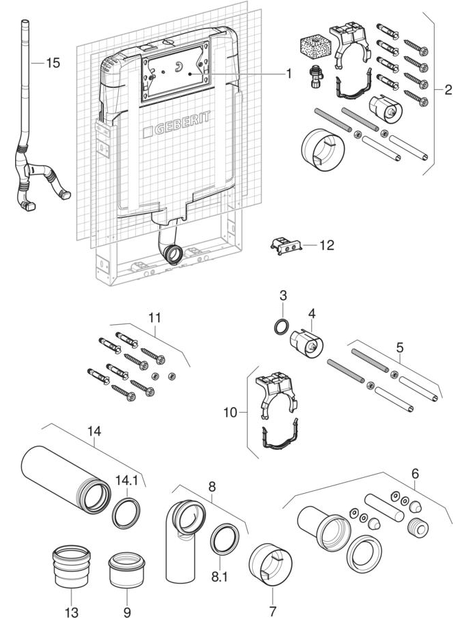 Geberit Kombifix elements for wall-hung WC, with Sigma concealed cistern 8 cm patlamış parça şeması