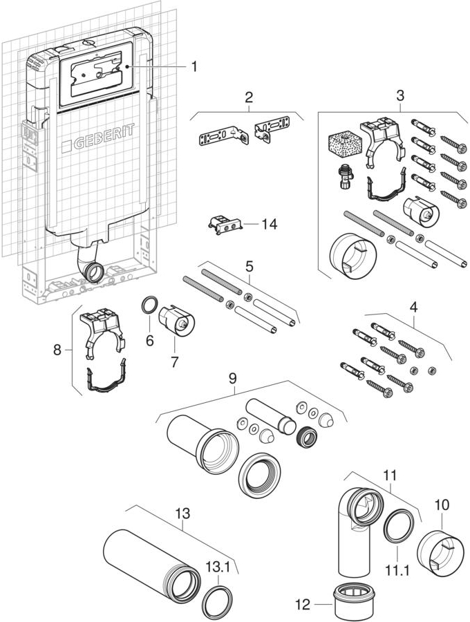 Geberit Kombifix elements for wall-hung WC, with Alpha concealed cistern 8 cm patlamış parça şeması