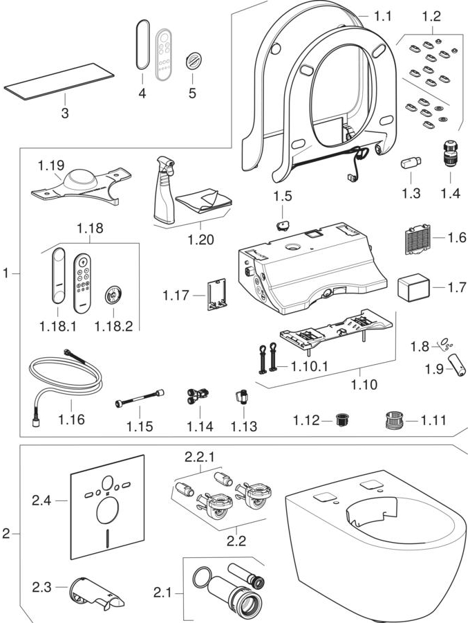 Geberit AquaClean Tuma WC complete solutions, wall-hung WC patlamış parça şeması