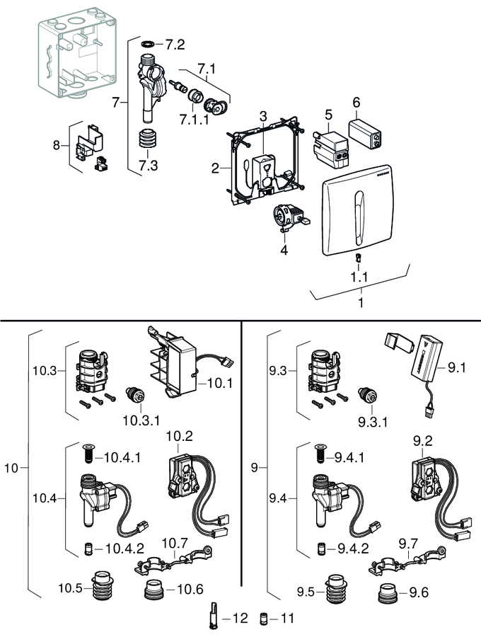 Urinal flush controls with electronic flush actuation, mains operation, cover plate made of plastic, Basic patlamış parça şeması