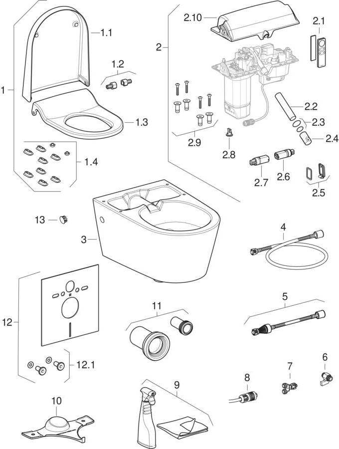 Geberit AquaClean Sela WC complete solutions, wall-hung WC patlamış parça şeması