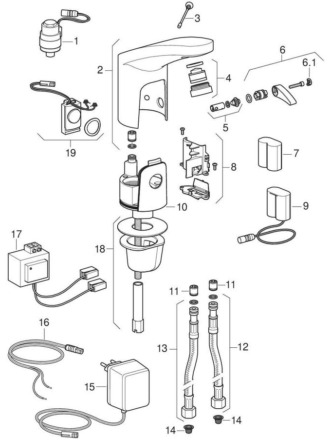 HyTronic85 washbasin taps, mains / battery operation patlamış parça şeması