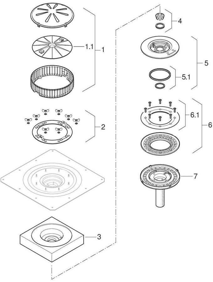 Geberit Pluvia roof outlets with contact sheet and fastening flange patlamış parça şeması