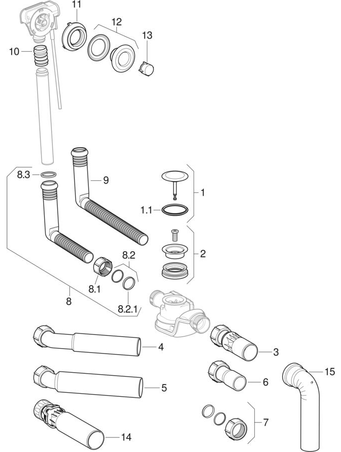 Bathtub drains with turn handle actuation PushControl, d52 patlamış parça şeması