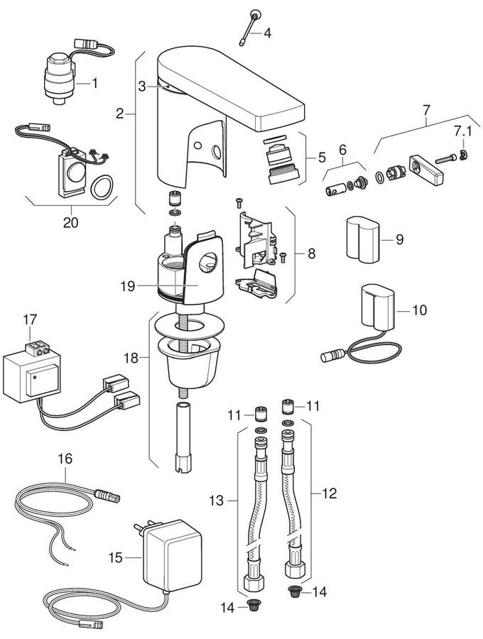 HyTronic86 washbasin taps, mains / battery operation patlamış parça şeması