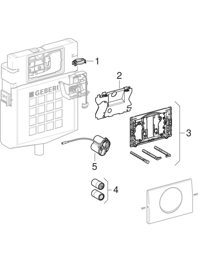 WC flush controls with electronic flush actuation, battery operation, single flush, actuator plate Mambo, for pull-down rail patlamış parça şeması