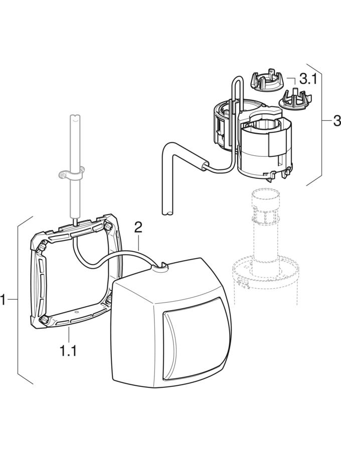 WC flush controls with pneumatic flush actuation, single flush, exposed actuator patlamış parça şeması