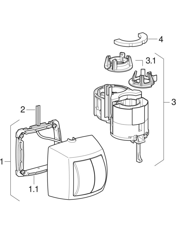 WC flush controls with pneumatic flush actuation, dual flush, surface-mounted actuator patlamış parça şeması