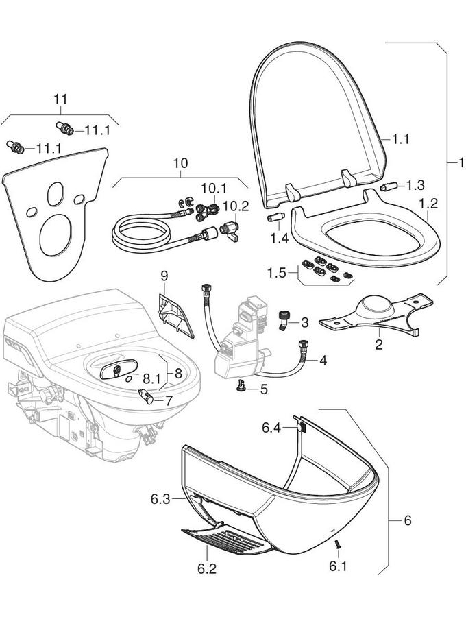 Geberit AquaClean 8000 WC complete solutions, wall-hung WC patlamış parça şeması