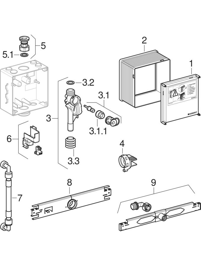 Installation sets for urinal flush control with electronic flush actuation, universal patlamış parça şeması