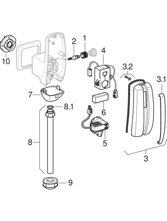 Urinal flush controls with electronic flush actuation, battery operation, water supply connection on the rear patlamış parça şeması