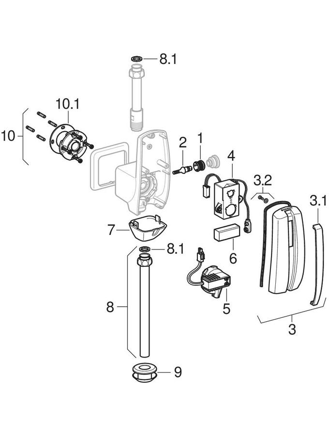 Urinal flush controls with electronic flush actuation, battery operation, water supply connection on the top patlamış parça şeması