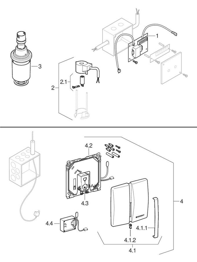Urinal flush controls with flushing cistern, mains operation patlamış parça şeması
