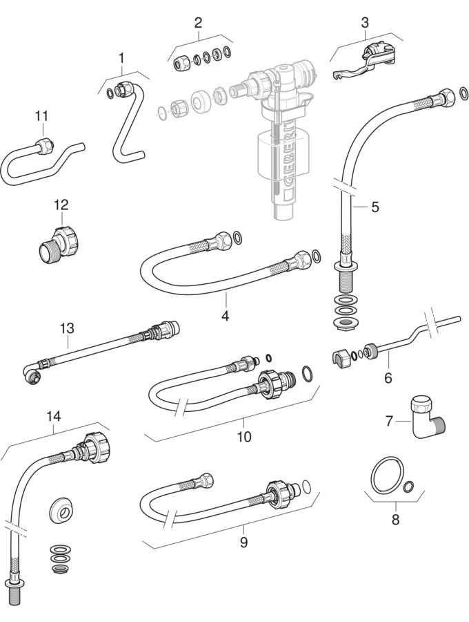 Fill valves type 380, lateral water supply connection patlamış parça şeması