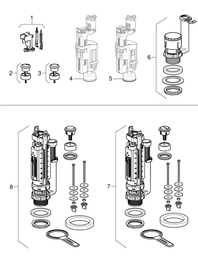 Flush valves type 280, dual flush or stop-and-go flush patlamış parça şeması