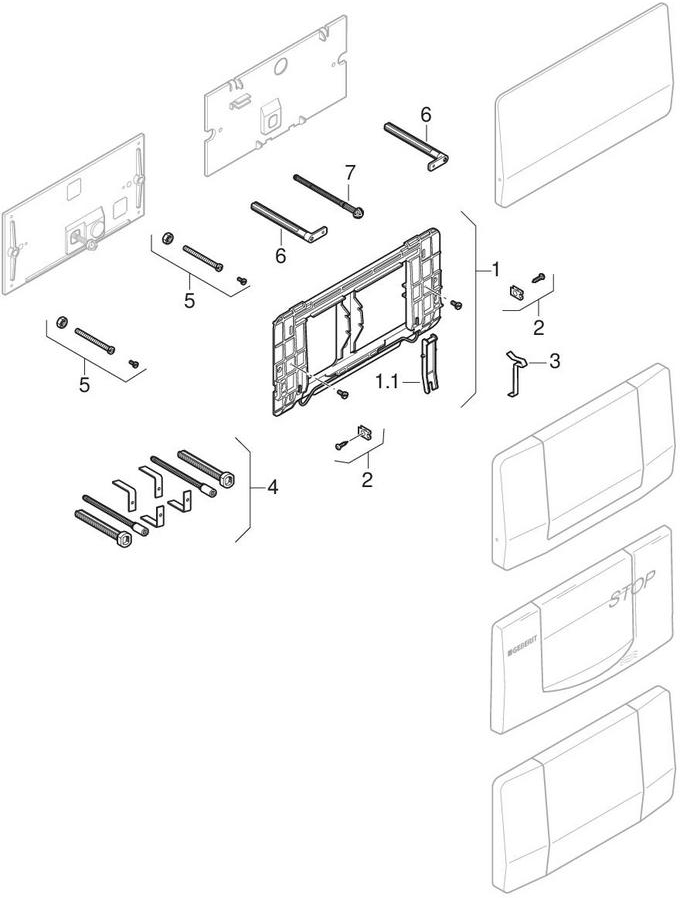 Actuator plates Highline and 200F, for stop-and-go flush, and cover plates Twinline patlamış parça şeması