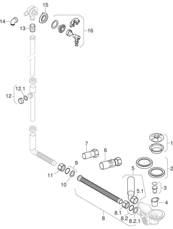 Bathtub drains with turn handle actuation and inlet, d90 patlamış parça şeması