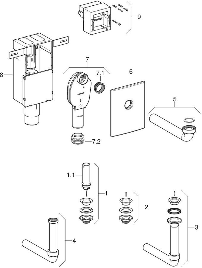 Concealed traps for washbasin, with in-wall cabinet and ready-to-fit-set patlamış parça şeması