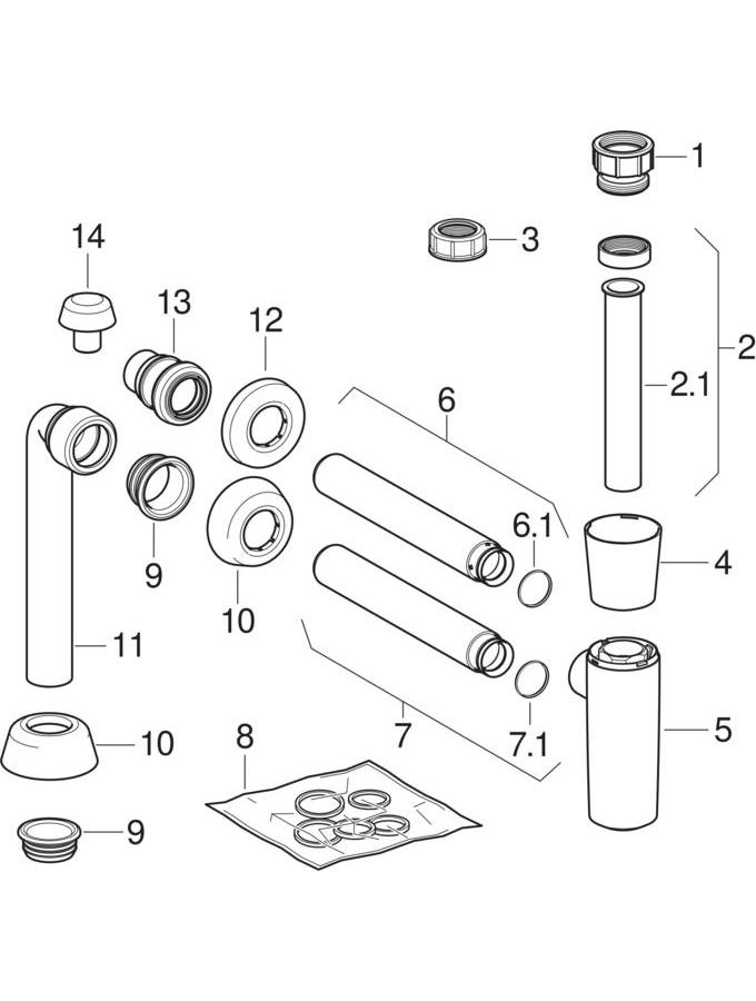Dip tube traps for washbasins patlamış parça şeması