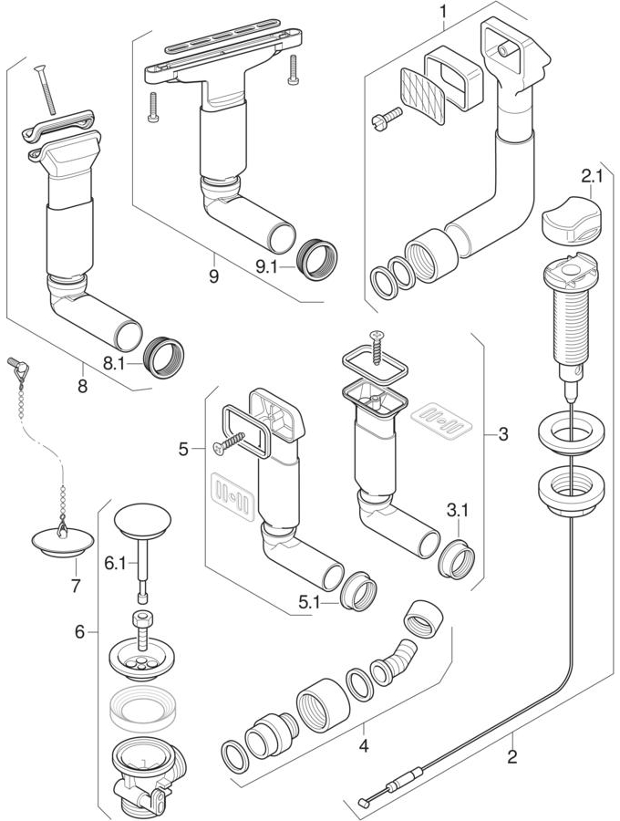 Waste couplings for kitchen sink with overflow and turn handle actuation patlamış parça şeması