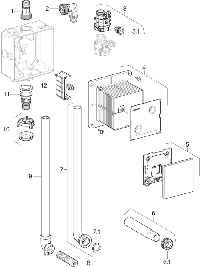 Installation sets for urinal flush control with electronic flush actuation patlamış parça şeması