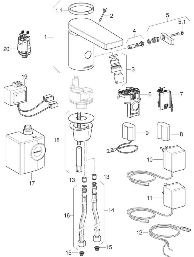 Type 186 washbasin taps, mains operation / battery operation / generator operation patlamış parça şeması