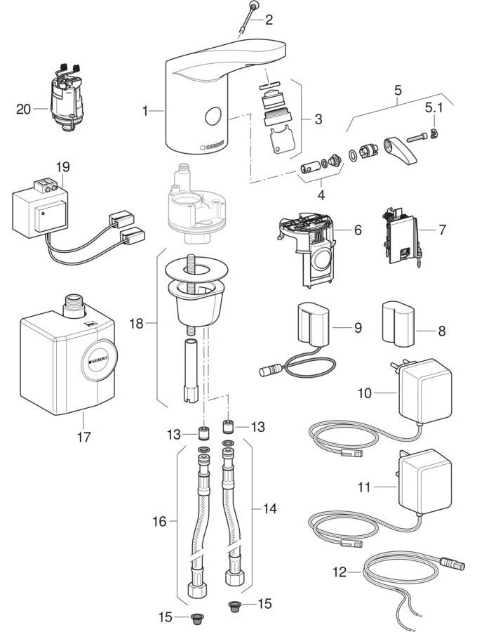 Type 185 washbasin taps, mains operation / battery operation / generator operation patlamış parça şeması