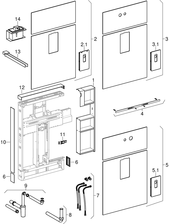 Geberit Monolith sanitary modules for washbasin, deck-mounted tap and wall-mounted tap, 114 cm patlamış parça şeması