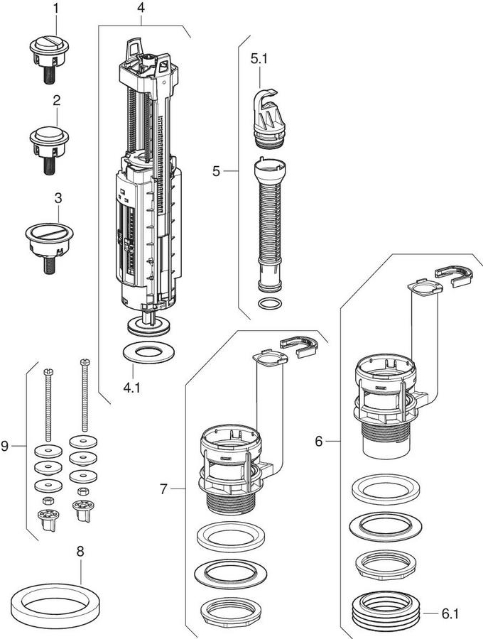 Flush valves type 290, dual or single flush patlamış parça şeması