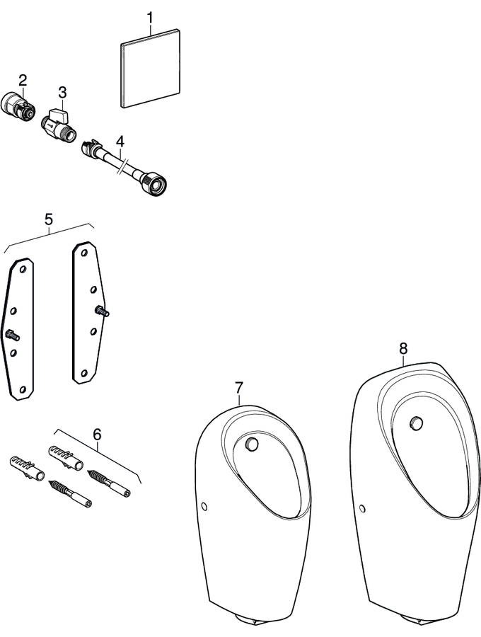 Renovation sets for urinal flush control, cover plate and actuator plate 13 x 13 cm, installation set with flush pipe patlamış parça şeması